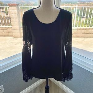 NWT Black Top With Lace Flutter Sleeve- Size L